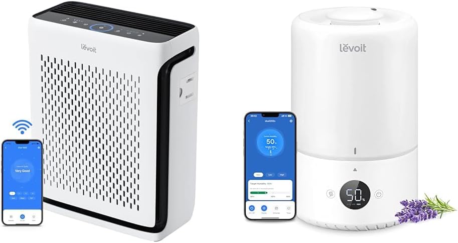 LEVOIT Air Purifiers for Home Large Room Bedroom Up to 1110 Ft² with Air Quality and Light Sensors, & Smart Cool Mist Top Fill Humidifiers for Bedroom with Sensor, Auto Humidity Setting