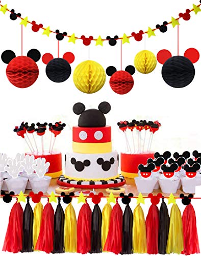 Party Supplies Honeycomb Balls Stars Garland Banner Tissue Paper Tassels For Mickey Minnie Theme Party Birthday Baby Shower Decoration Kits (Red Yellow Black) #TOP1