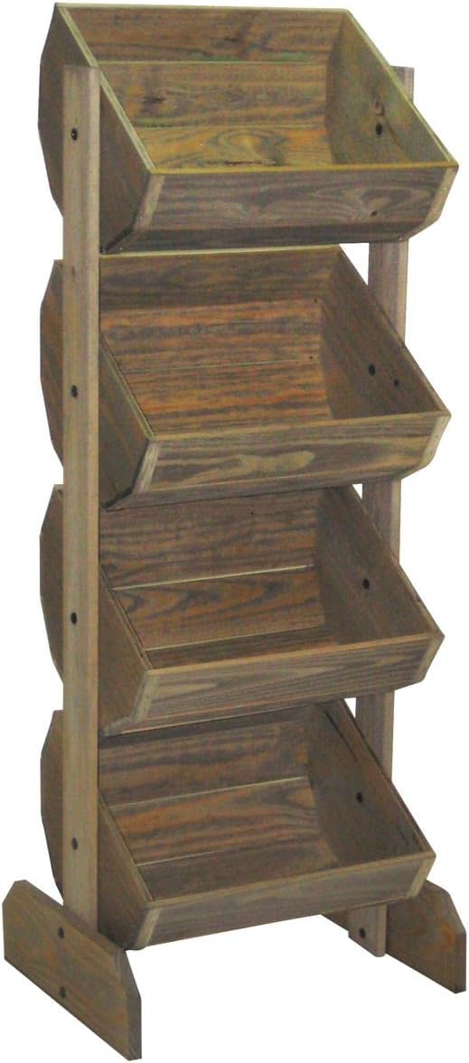Displays2go 4-Bucket Wooden Floor Stand, Rustic Bulk Bin Store Fixture - Dark Weatherwood (PN4BINWTH)