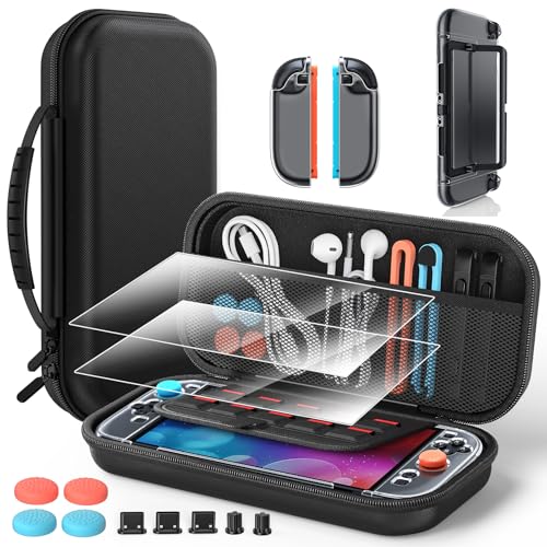 Image of Switch 2 Accessories Bundle for Nintendo Switch 2 2025(All in One Case Kit) | Portable Hard Shell Slim Case with Crystals Protective Cover kit, 2 HD Screen Protectors (7.9 Inch),Dust Plugs, 4 Thumb Grips