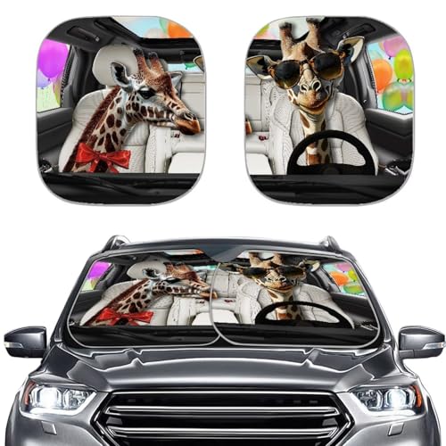Image of Funny Giraffe Car Sun Shade for Windshield Foldable Sunshade Front Window Cover Sun Visor 2 PCS Car Windshield Sun Shade Reflect UV Sun and Heat and Protect Your Car