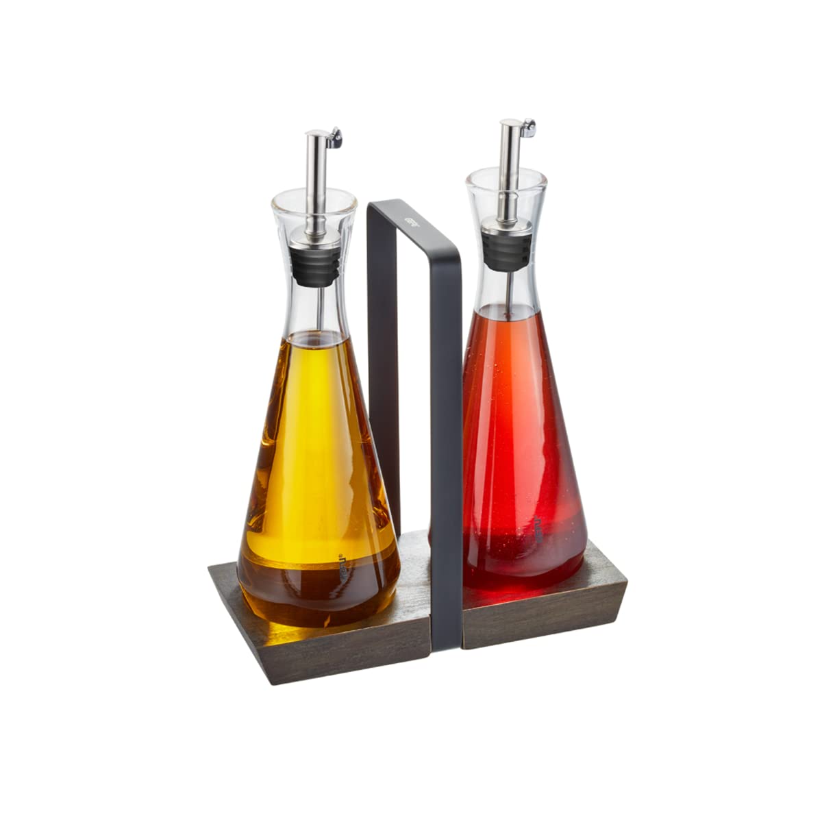 GEFU Essig & Öl-Set X-PLOSION, Akazienholz-Menage, Kristallglas, 250 ml | Design Menage mit tropffreien Ausgießern, elegante Ölflasche und Essigspender Set, große Einfüllöffnung, 2-teilig
