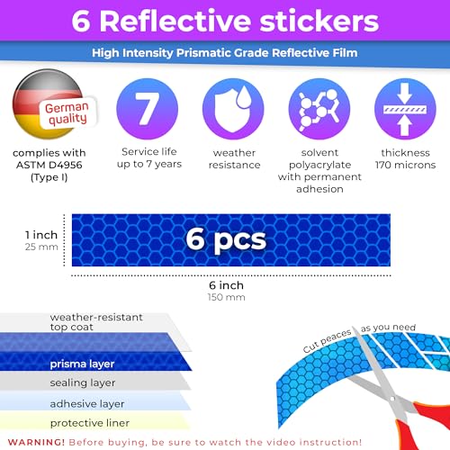 Image of LOOM Reflective Stickers for Helmet | 6pcs Prism Blue | Similar to 3M Reflective Tape | Bike Reflectors for Night Riding, Mailbox reflectors | Waterproof hi vis Decals for Car, Trailer