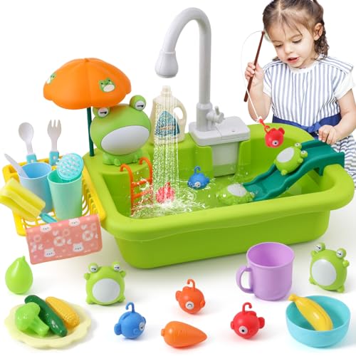 FRUSE Cocina de Juguetes, Juguetes para Fregadero de Cocina con Lavaplatos,Grifo Eléctrico,Accesorios de Cocina, Juguetes de Pesca Flotantes, Juegos de rol para Niños y Niñas de 3 4 5 6 Años(Verde)