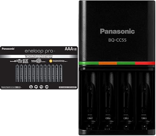 Eneloop Panasonic Pro NiMH AAA-Baterías BK-4HCCA12FA 1.2V 12pk y cargador rápido de batería de 3 horas BQ-CC55KSBHA