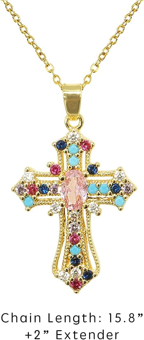 Jean Beau 14K Gold Plated Cubic Zirconia Cross Necklace for Women, Chunky Cross Faith Pendant Necklaces Costume Accessories Jewelry - Image 7