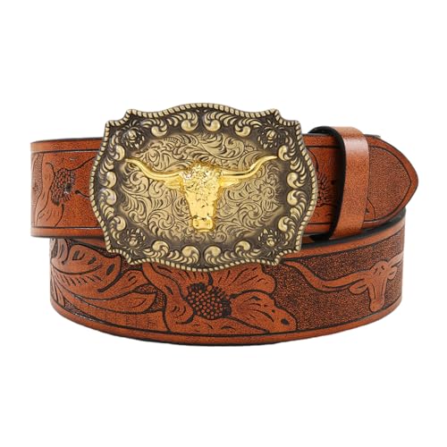 Western Pu Leather Belt - Mens Brown/Black Belt with Long Horn Bull Western Buckle - For Jeans