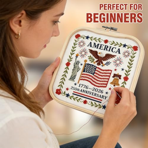Image of US 250th Anniversary Embroidery Kit, Patriotic Cross Stitch Kits, DIY Embroidery Kits for Adults with 1776-2026 Flag Pattern, 20cm Hoop, Threads, Needles & Instructions for Veterans Military Fans