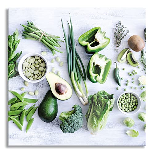 Pixxprint Tableau en verre | Tableau sur verre véritable | Variété de légumes verts et fruits |...