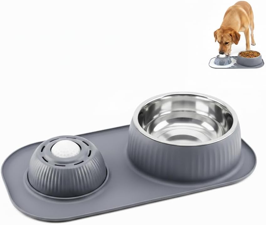 Dog Slow Feeder Bowl Set with Rolling Ball, Stainless Steel Bowl & Non-Slip Silicone Mat — 3-in-1 Anti-Gulping Dog Bowls for Small Medium Large Dogs, BPA-Free, Dishwasher Safe