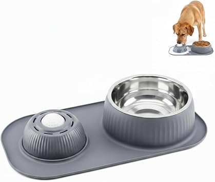 Dog Slow Feeder Bowl Set with Rolling Ball, Stainless Steel Bowl & Non-Slip Silicone Mat 3-in-1 Anti-Gulping Dog Bowls for Small Medium Large Dogs, BPA-Free, Dishwasher Safe