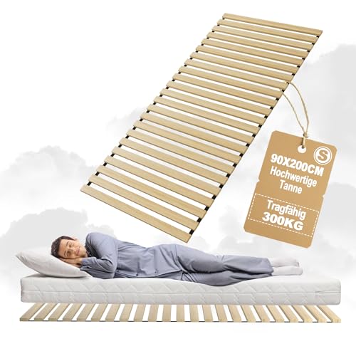 YUENFONG Lattenrost Rollrost Rolllattenrost mit 23 Leisten, 90x200cm Rolllattenrost Faltbare Lattenroste inkl. Schwarz Gummiband, belastbar bis 300 kg, für alle Matratzentypen