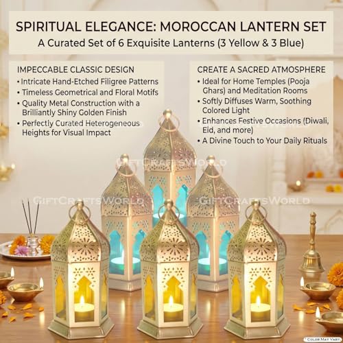 Image of Moroccan Lanterns & Candle Holders for Home Decor - Unique Diwali & Christmas Gifts (Yellow - Blue, Set of 6)