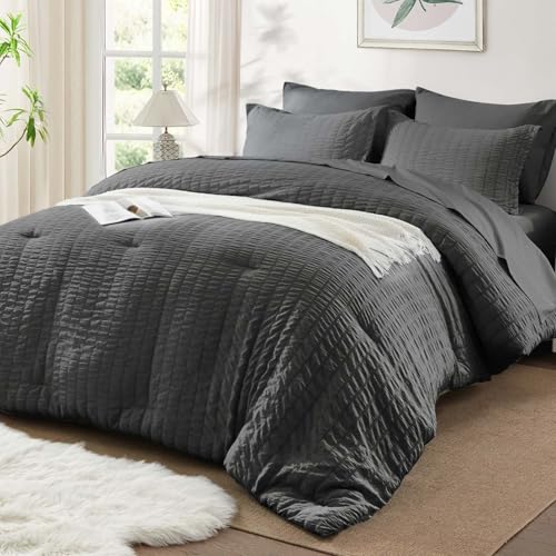 SunStyle Home Seersucker Full/Queen Size Comforter Sets 7 Pieces, Dark Grey Lightweight Bedding Sets, All Season Bed in a Bag with Sheets, Pillowcase and Pillow Shams