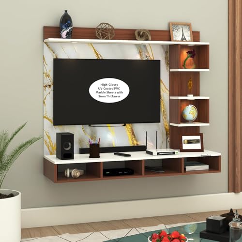 Image of TV Cabinet for Bedroom 32 inch to 65 Inches Engineered Wood TV Entertainment Unit Back Side 3mm UPVC Self Adhsive Waterproof Sheet and Lights (White - Gold, 24-40 Inches, with Fitting)