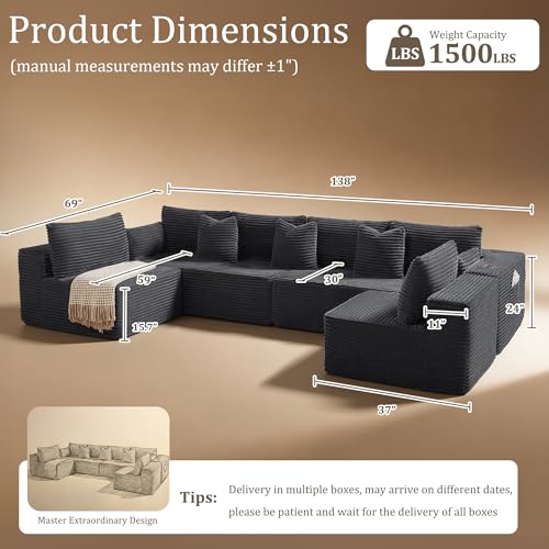 Image of 138 inch Cloud Sectional Couch, Comfort U Shaped Sofa for Living Room, Extra Deep Seats No Assembly, Minimalist Modular Couch, Corduroy (Dark Grey, 6 Seats,U-Shape B)