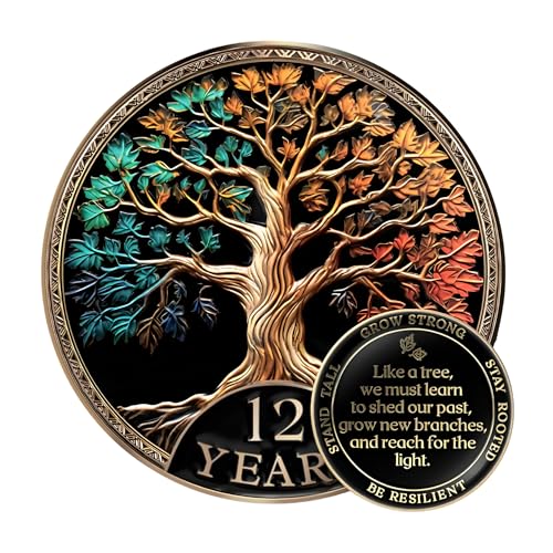 Image of MilestoneMint 12 Year Sobriety Coin Tree of Life Gift Set | Anniversary Sobriety Gifts for Men & Women | AA Coins and Medallions with Token Capsule, Stand & Card | 3D Texture, Recovery AA Chips