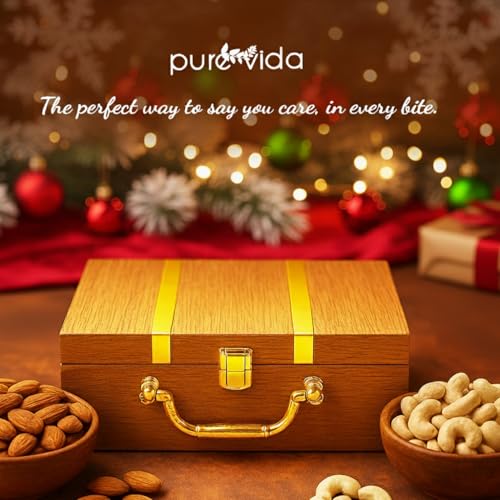 Image of Purevida Premium Dry Fruits Gift Box | Almonds 150g & Cashews 150g | Luxury Beige Wooden Gift Box with Golden Handle | Healthy Christmas & New Year Gift Hamper