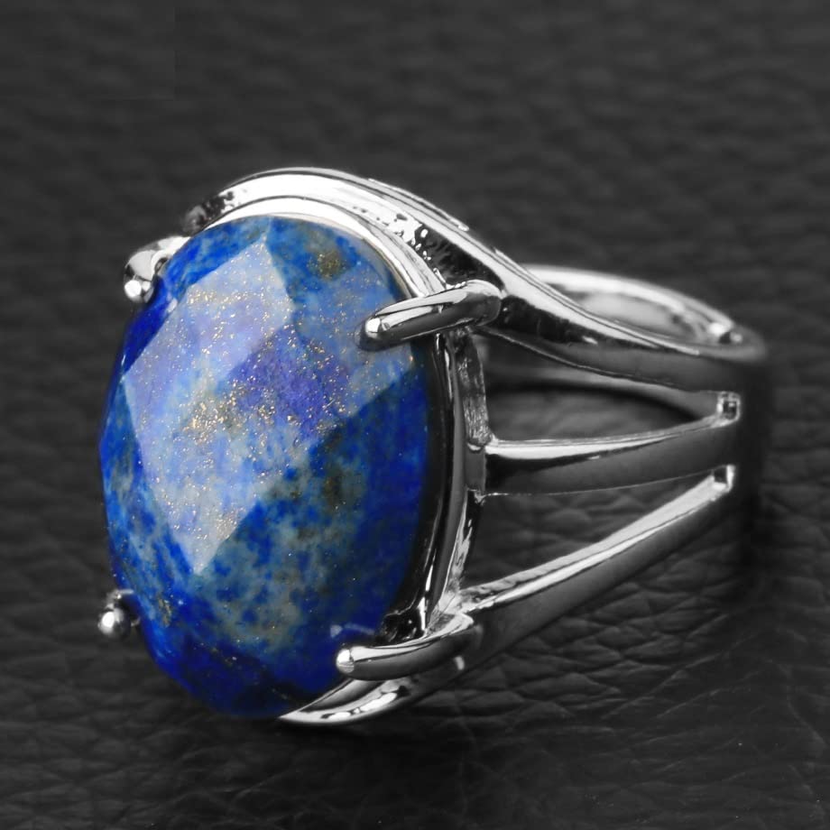 Oeuf Forme Pierre Naturelle Anneaux Multifacettes Cabochon Violet Cristal Lapis Argent Couleur Bague Pour Femmes Réglable,Lapis Lazuli