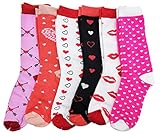 Winterlace Heart Print Crew Socks for Women, Bulk Valentines Day Pink Love Colorful Pattern Novelty Galentines, Mothers Day