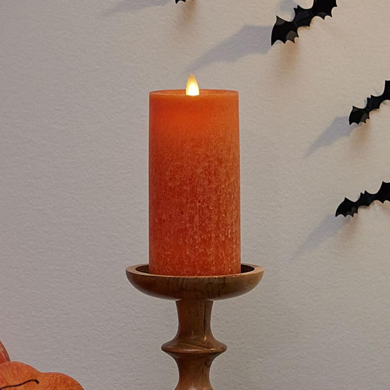 Image of Luminara Sea Glass Flameless Candle, Harvest Pumpkin 3 inch x 6.5 inch, Moving LED Flame Pillar with Timer, Battery Operated, Real Wax, Unscented Home Decor