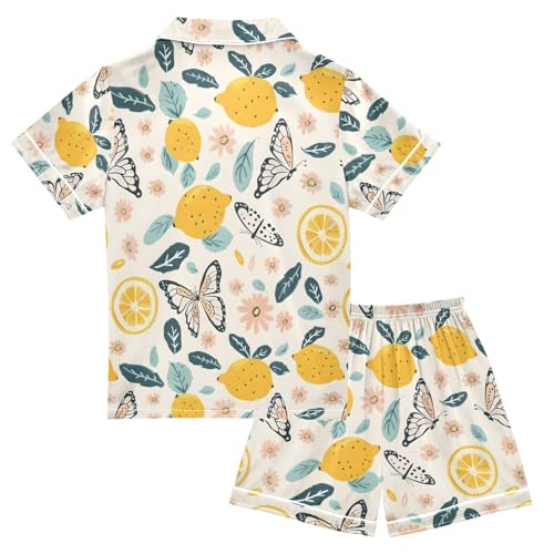 ALAZA Lemon Flower Butterfly Floral Pajamas Satin Pajama Set Short Sleeve Button Down Sleepwear2