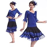 Yhhsgscr Latin Dancing Outfit Tango Practice Skirt Medium Sleeve Ballroom Dancewear Sequin Cha Cha Costume Set for Ladies,Blue,XXL