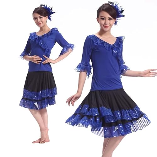 Yhhsgscr Latin Dancing Outfit Tango Practice Skirt Medium Sleeve Ballroom Dancewear Sequin Cha Cha Costume Set for Ladies,Blue,XXL