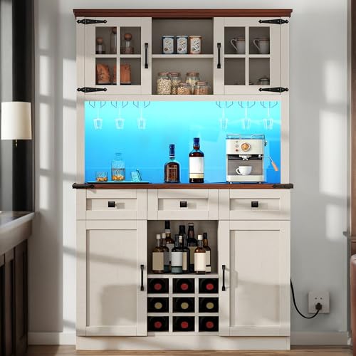 YITAHOME 72" Farmhouse Coffee Bar Cabinet with Power Outlet & RGB LED Light, Tall Liquor Cabinet with Door & Wine & Glasses Rack,3 Drawers, Kitchen Buffet Hutch for Living Dining Room, White Walnut