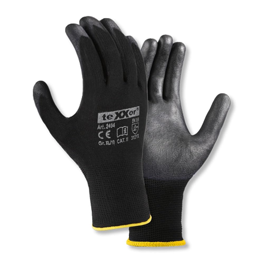 texxor 240 Stück Polyester-Strickhandschuhe 2404, PU beschichtet, schwarz, 10/XL, Karton, Strickhandschuhe, Arbeitshandschuhe, Schutzhandschuhe