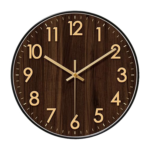 掛け時計 壁掛け時計 直径30cm 時計 壁掛け おしゃれ デジタル 木目調レトロ 静音 Clock 非電波 オシャレ 連続秒針 自宅 寝室 部屋飾り 取付簡単 フック付き（電池を含みません,黒ちゃいろ）