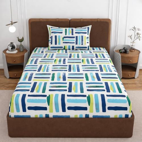 Image of VOMZER Premium 320 TC Fitted Bed Sheet with Full Elastic - Deep Pocket Design - Wrinkle Resistant Fitted Bedsheet 36x72 Single Brush N Lines