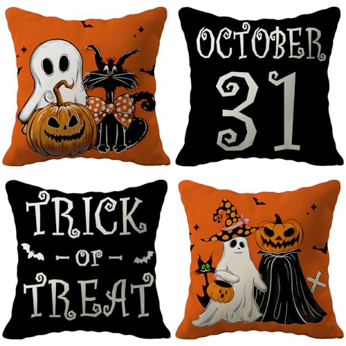 Happy Orange Halloween Ghost Pillow Covers 18 x 18 Inch Black Cat Skeleton Pumpkins Cushion Case for Sofa Couch Set of 4