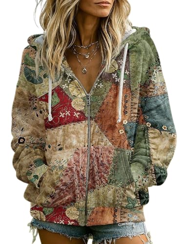 OSCORP Womens Vintage Patchwork Floral Zip-Up Hoodie – Bohemian Hooded Sweatshirt with Colorful Prints