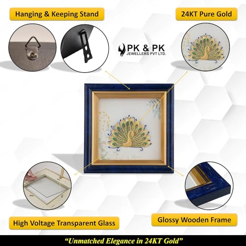 Image of Pk & Pk Jewellers Dancing Peacock with Blue Tabletop | 24KT Gold Square Frame | Extra Small Size [14x14 cm] (For Premium Luxury Gift, Home Decor, Table Decoration)