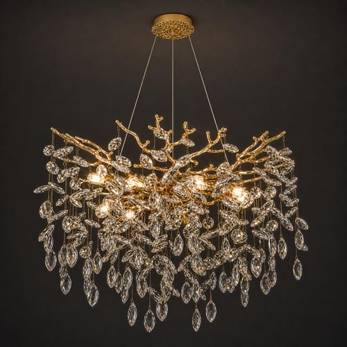 XYDikssn Modern Gold Crystal Tree Chandelier - 24 Inch 10-Light Round Ceiling Fixture with K...