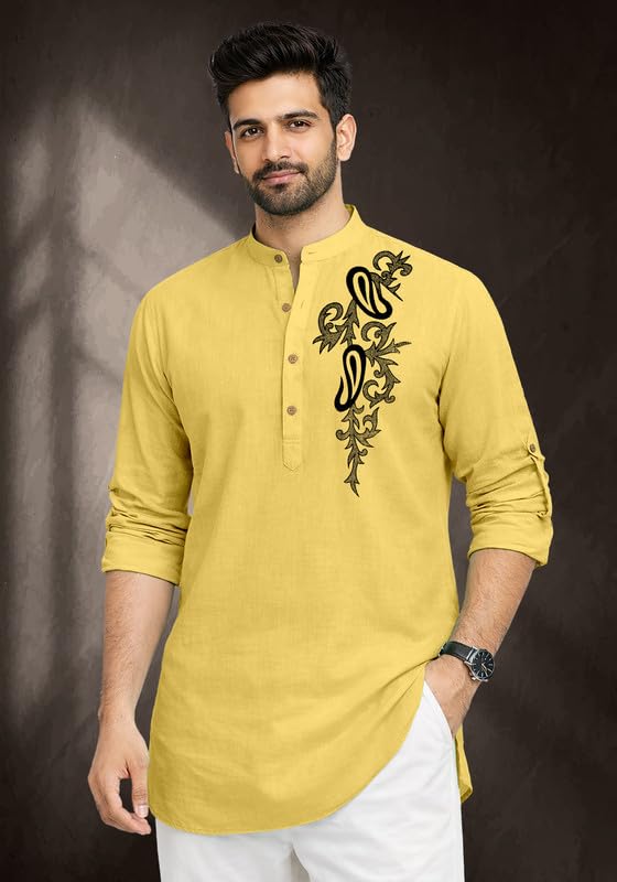 Image of Cotton Blend Self Design Printed Casual Short Kurta for Men Long Sleeve Mandarin Collar Stylish Kurta Shirt for Men