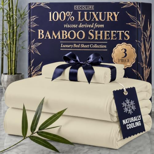 Image of DECOLURE 100% Viscose Derived from Bamboo Sheets Twin Size - Luxury 3 Pc Naturally Cooling Sheets, Ultra Soft Bed Set - Deep 17 inch Pockets, Durable Double Stitching, Oeko Tex Standard (Creme)