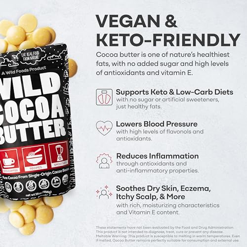 Wild Foods Organic Cocoa Butter Wafers | Raw Plant-Based & Cold-Pressed Cacao Keto Discs | Food Grade & Vegan White Sugar Free Chocolate Chips | 16oz - Thumbnail 3