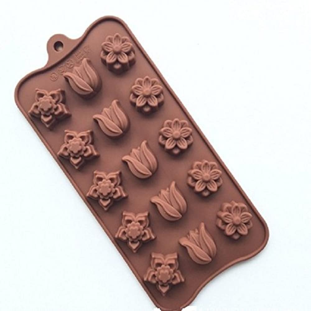 RKPM HOMES Multi-Design Chocolate Mould | Flower, Rose, and Star Silicone Candy Mold | Baking Tools for Cake Chocolate Candy Ice Jelly | Cake Baking Moulds | Bakeware Molds | Brown – 15 Cavity