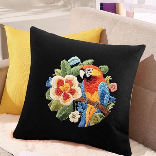 Image of FONNUY Embroidery Kit for Beginners, Birds with Flowers Pre-Stamped Pattern Kits for Adults with Hoop, Easy to Follow Color Thread Needlework, 8'' Hoop (Orange Parrot)