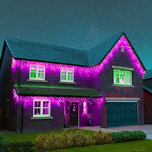 Image of Dazzle Bright 360 LED Christmas Icicle String Lights, Light Up Christmas Decorations 8 Modes Fairy Lights for Outside Garden Patio Holiday Party (Purple)
