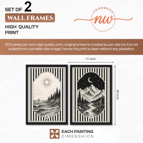 Image of NoWorries Framed Black and White Wall Art Set of 2, Vintage Mountain Moon and Coastal Ocean Landscape Prints, Boho Nature Decor, Scandinavian Minimalist Artwork for Bedroom, Hallway and Office (Art-18, 17x25inch)