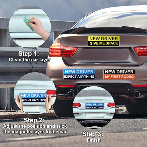 Image of 3pcs Student Driver Car Magnet Stickers, 9.8x3.35in Waterproof Removable Novice New Driver Decal Sign Reflective Magnetic Safety Bumper Sticker for Car Accessories