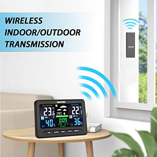 RISEPRO Wireless Weather Station with Outdoor Remote Sensor in/Out Temperature and Humidity Alarm Clock Calendar Thermometer Forecaster with Color LCD Display