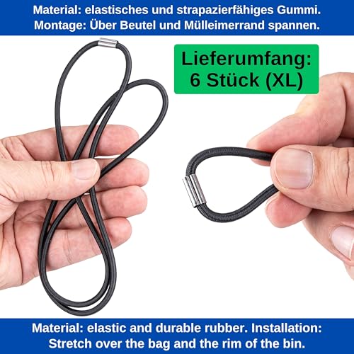 Universal Gummiband für Mülleimer, 6 Stück, Größe XL, passend bis 60L Einzeleinsätze, kompatibel mit WESCO Mülltonnen, 80 cm elastischer Gummiring, Mülltonnenbänder Gummi, Gummiband Müll Aufsatz Set