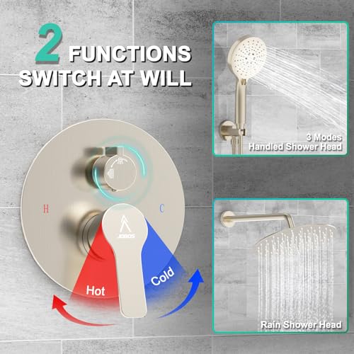 Shower Faucet Set 12IN Brass Rough-In Valve Body Trim Kit Rainfall Included Handle Accessories Complete 2 Functions with Rain Head and Handheld Bathroom Systems (12'', Brushed Nickel) - Image 5