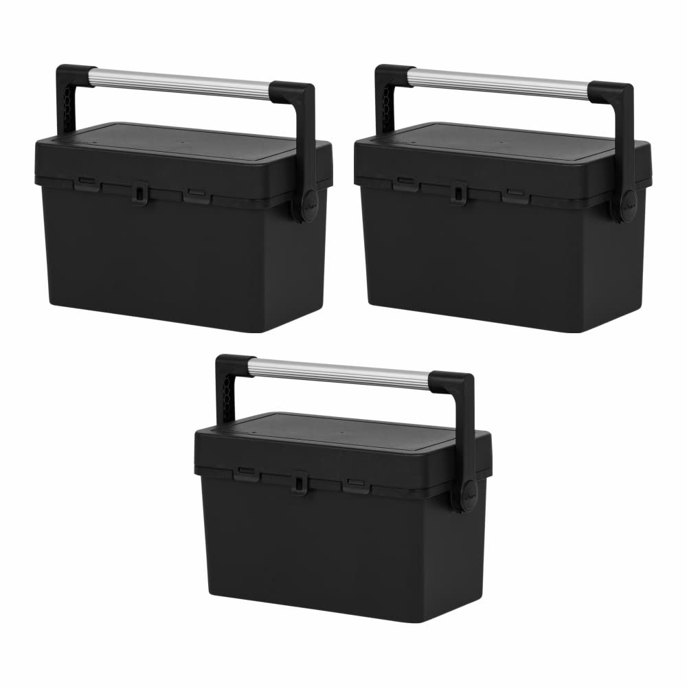 46 CM Black Recycled Plastic Professional Tool Box Long Handle Aluminium Tool Box Organiser With Removable Tote Tray Utility Toolbox Storage Box For Tools Nails Pins Home Garage DIY (Set of 3)