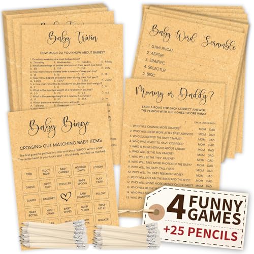 WOODAMORE Funny Baby Shower Games Gender Neutral - Baby Shower Bingo Game For Girl, Baby Bingo For Baby Shower Boy, Baby Trivia Baby Word Scramble Card, Baby Games For Baby Shower Decorations