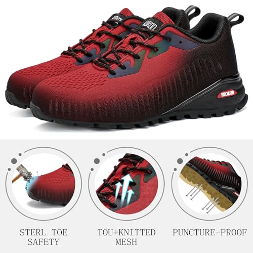 Image of Mens Steel Toe Shoes Fashion Composite Work Shoe Comfortable Puncture Proof Lightweight Indestructible Sneakers 11.5 Wide Red Black